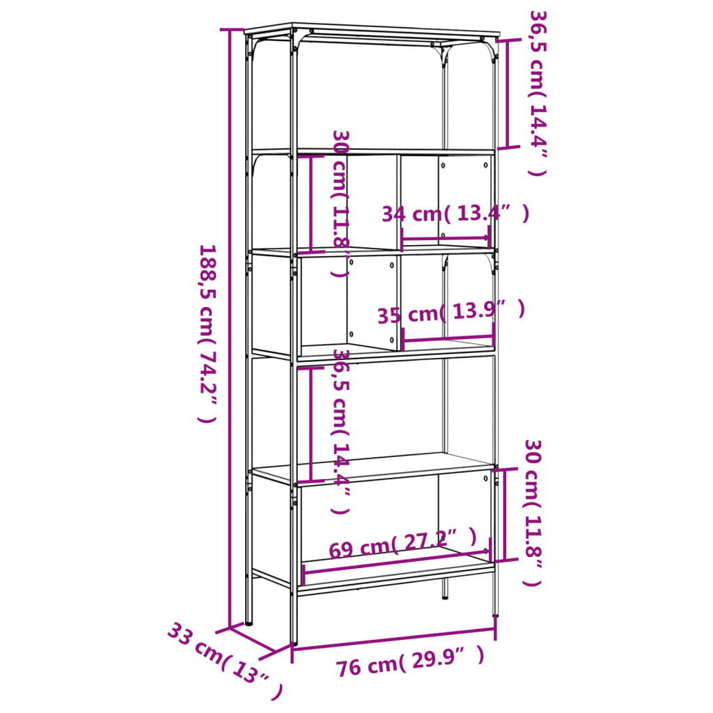 Libreria 5 Ripiani Rovere Fumo 76x33x188,5 cm Legno Multistrato