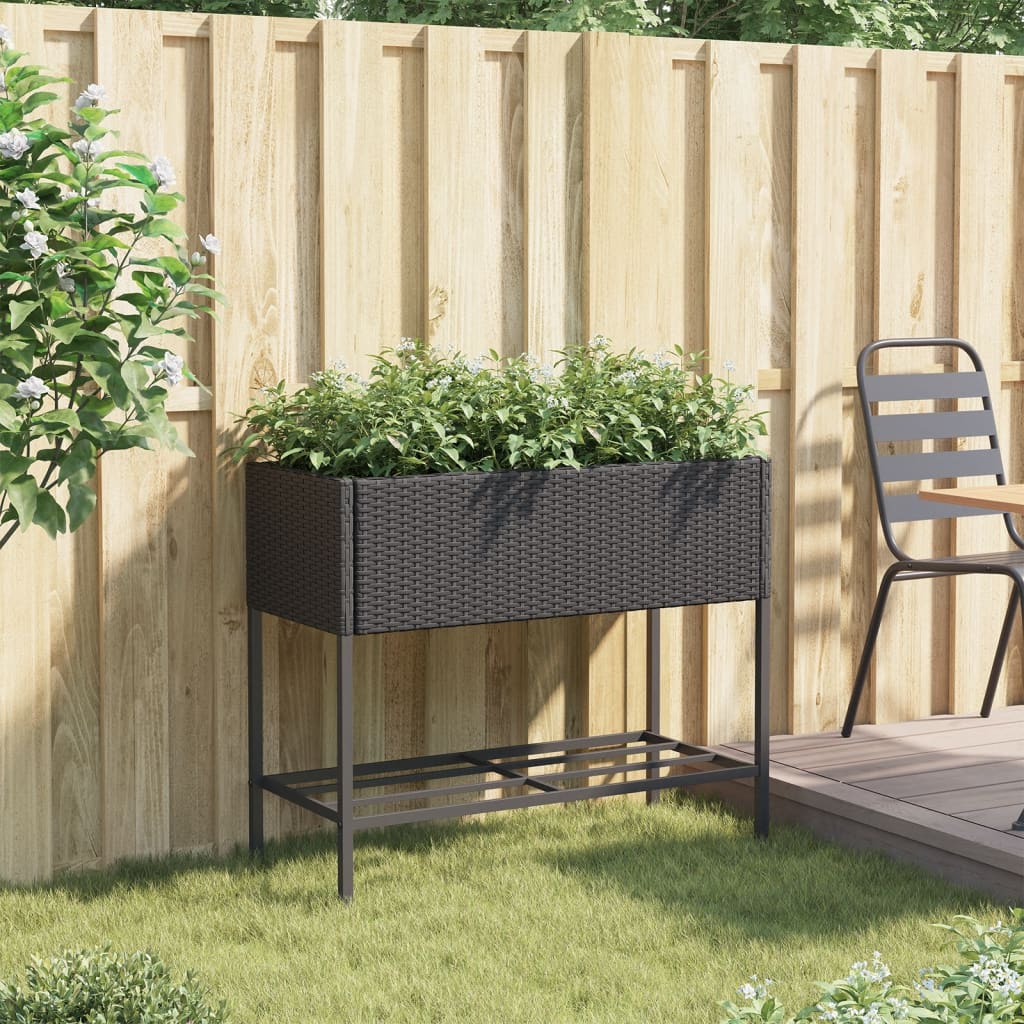 Fioriera da Giardino con Ripiano Nera in Polyrattan
