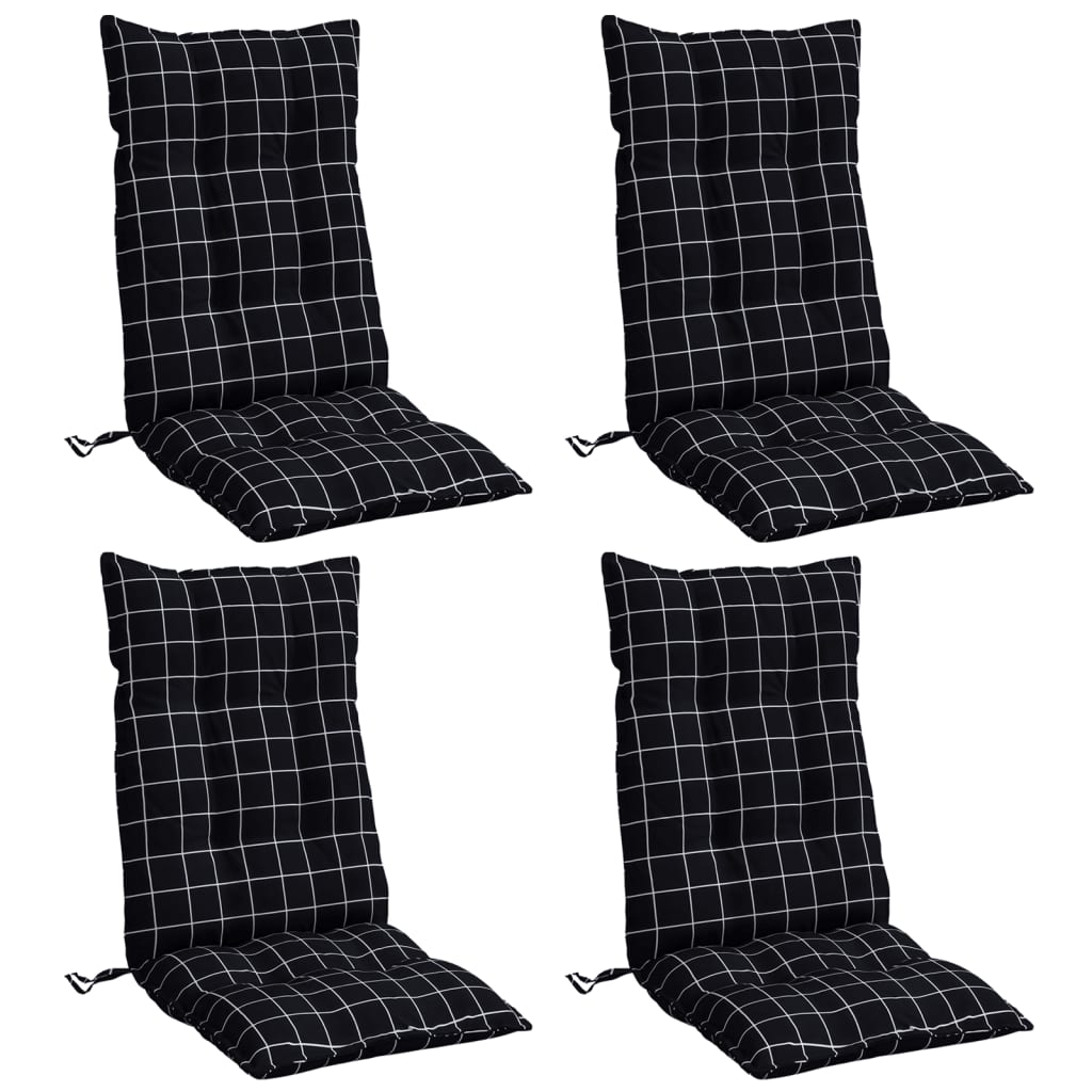 Cuscini Sedia Schienale Alto 4 pz Quadri Nero Tessuto Oxford