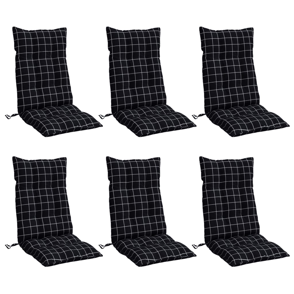 Cuscini Sedia Schienale Alto 6 pz Quadri Nero Tessuto Oxford