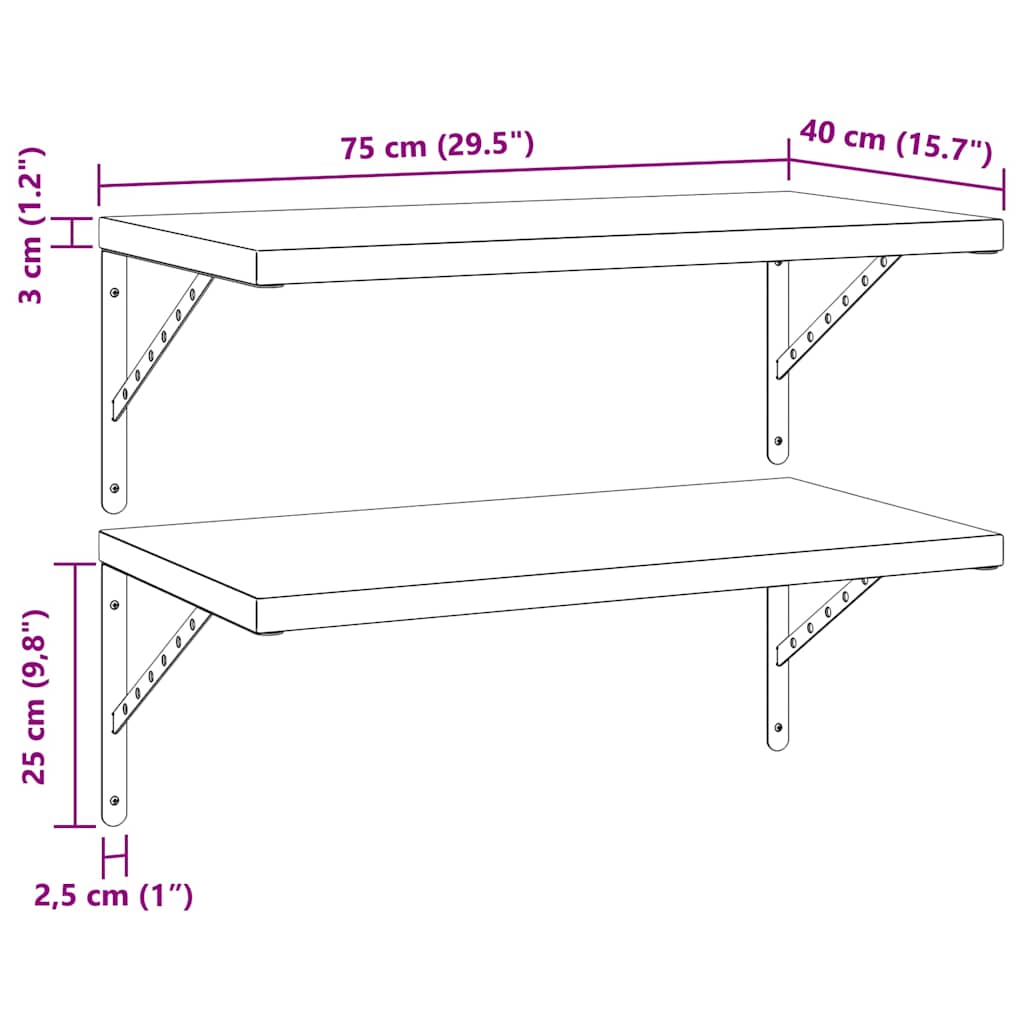 Mensole a Muro 2 pz 75x40 cm Nero in Acciaio Inossidabile