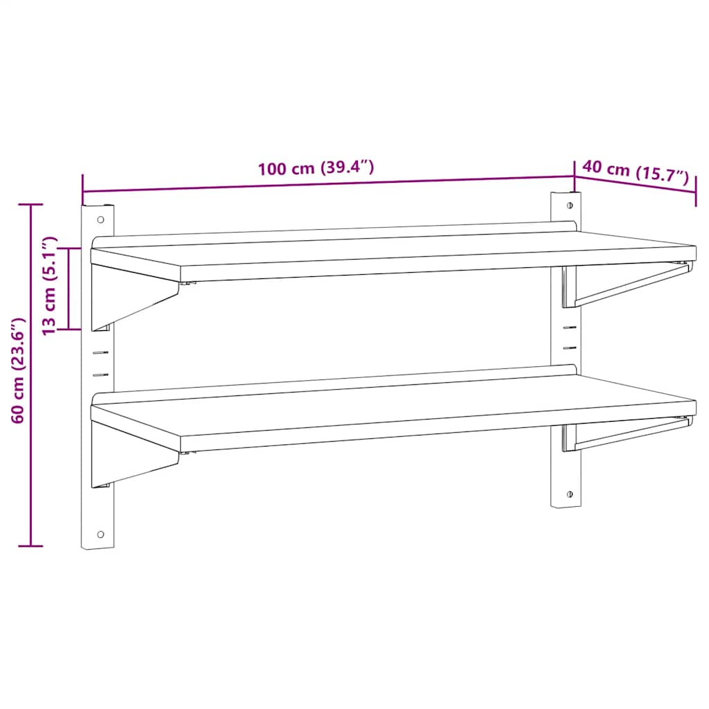 Mensola Muro 2 Ripiani 100x40x60cm Argento Acciaio Inossidabile