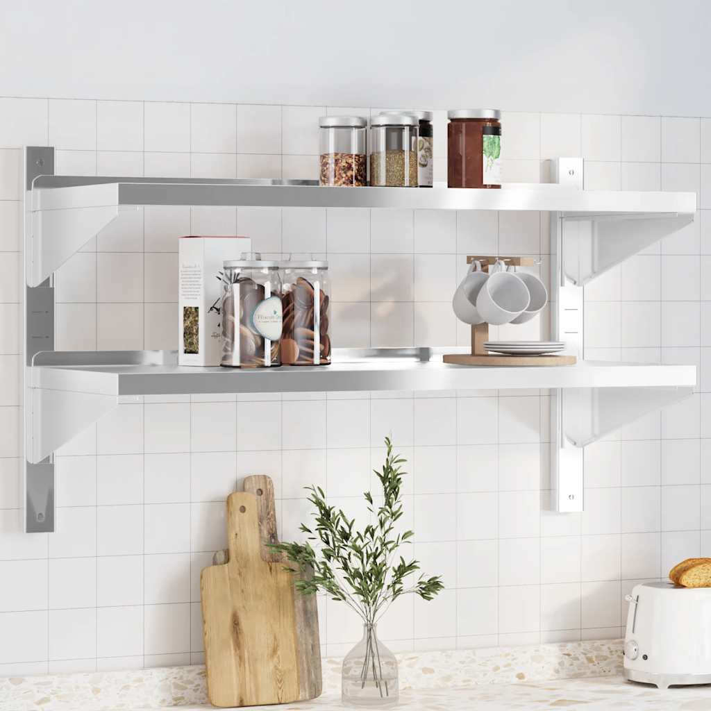 Mensola Muro 2 Ripiani 100x40x60cm Argento Acciaio Inossidabile