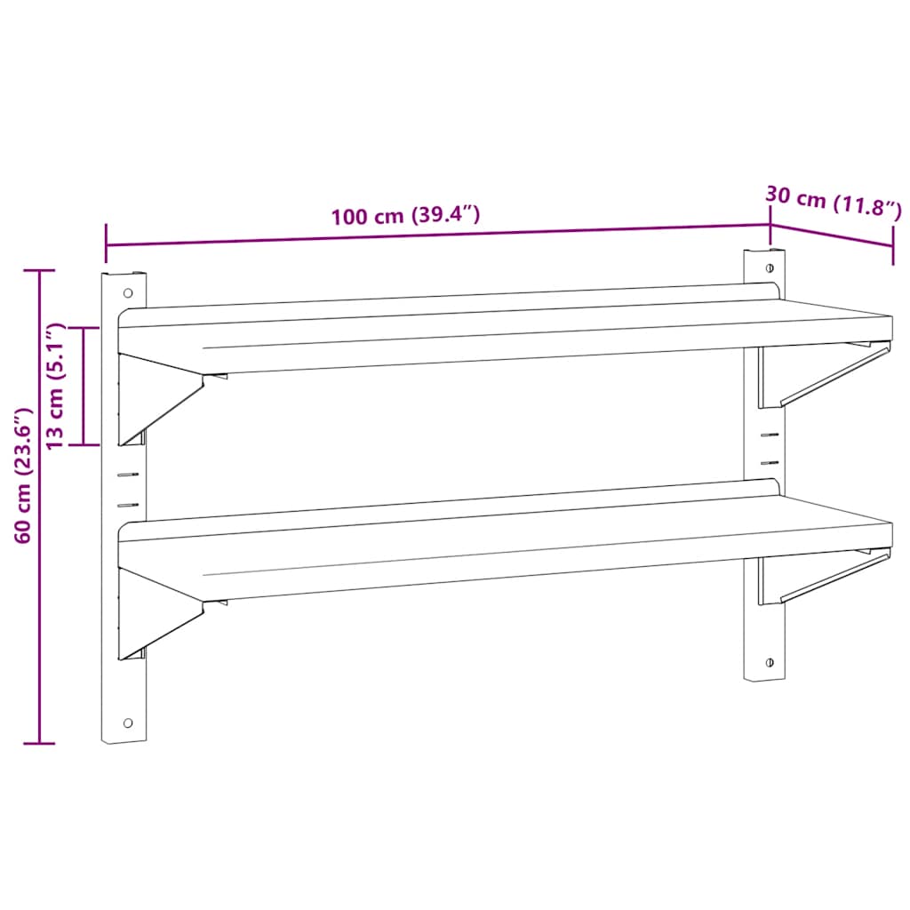 Mensola Muro 2 Ripiani 100x30x60cm Argento Acciaio Inossidabile