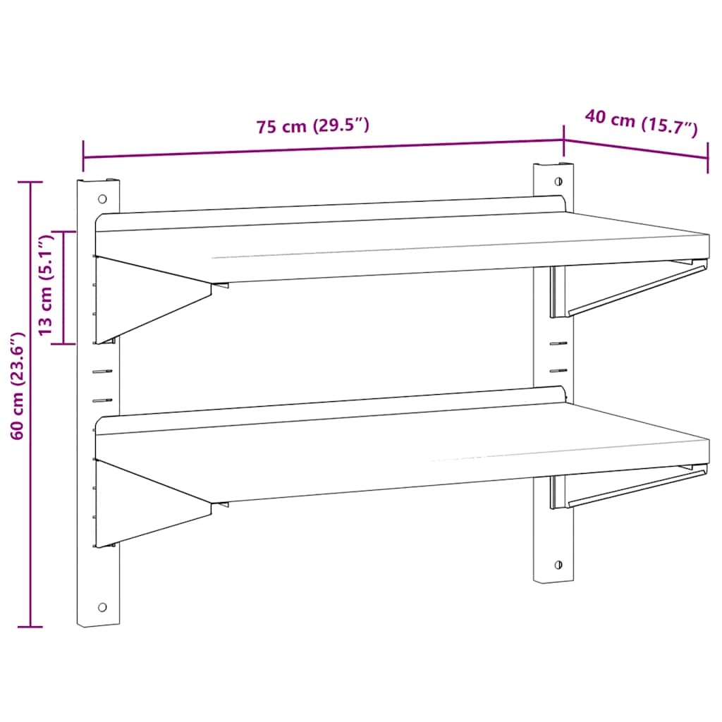 Mensola Muro 2 Ripiani 75x40x60cm Argento Acciaio Inossidabile