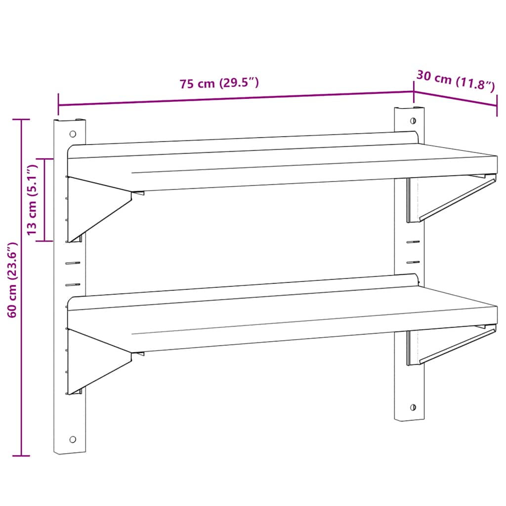 Mensola Muro 2 Ripiani 75x30x60cm Argento Acciaio Inossidabile