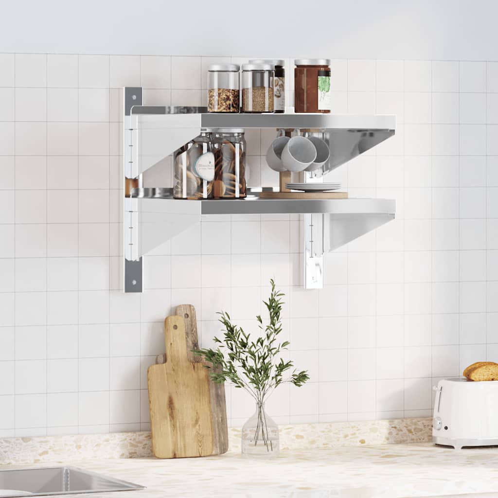 Mensola Muro 2 Ripiani 50x40x48 cm Argento Acciaio Inossidabile