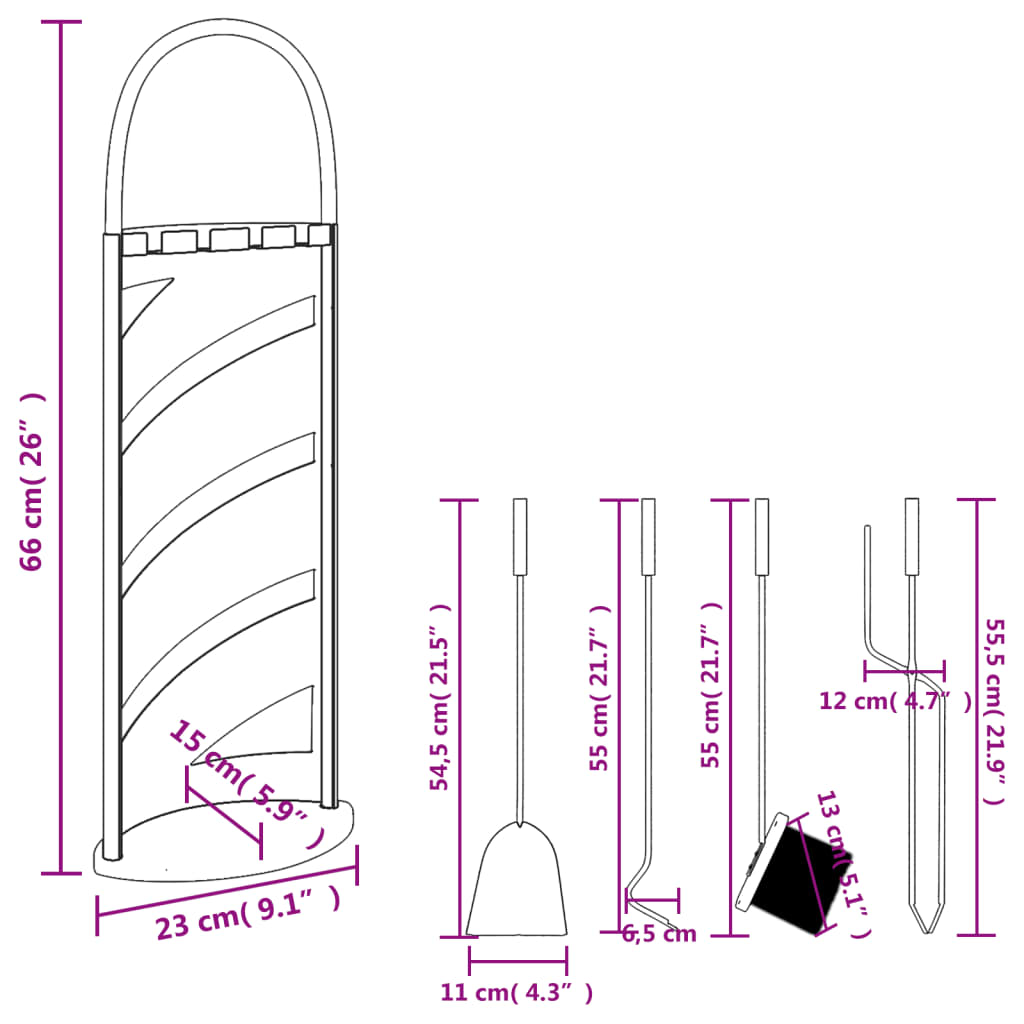 Set di attrezzi per camino 5 pezzi 23x15x66 cm in acciaio