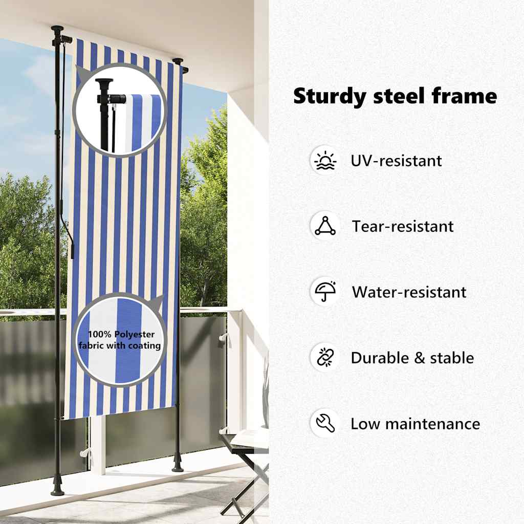 Tenda a Rullo Esterno Blu e Bianca 100x270cm Tessuto e Acciaio