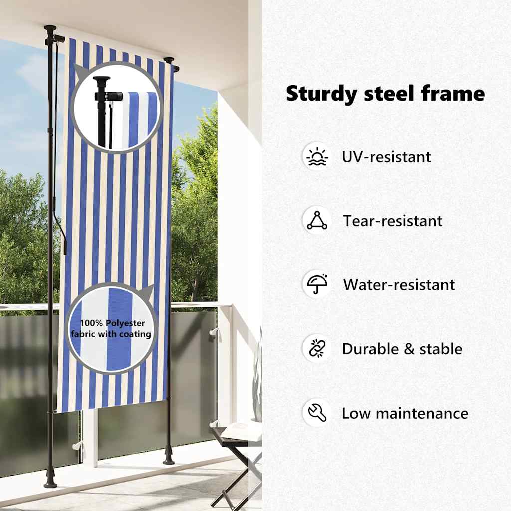 Tenda a Rullo Esterno Blu e Bianca 120x270cm Tessuto e Acciaio