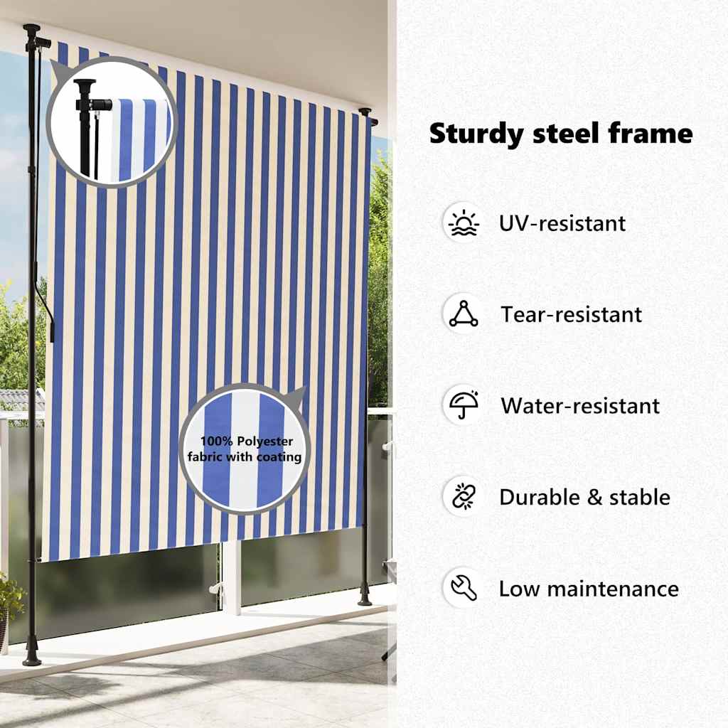 Tenda a Rullo Esterno Blu e Bianca 200x270cm Tessuto e Acciaio