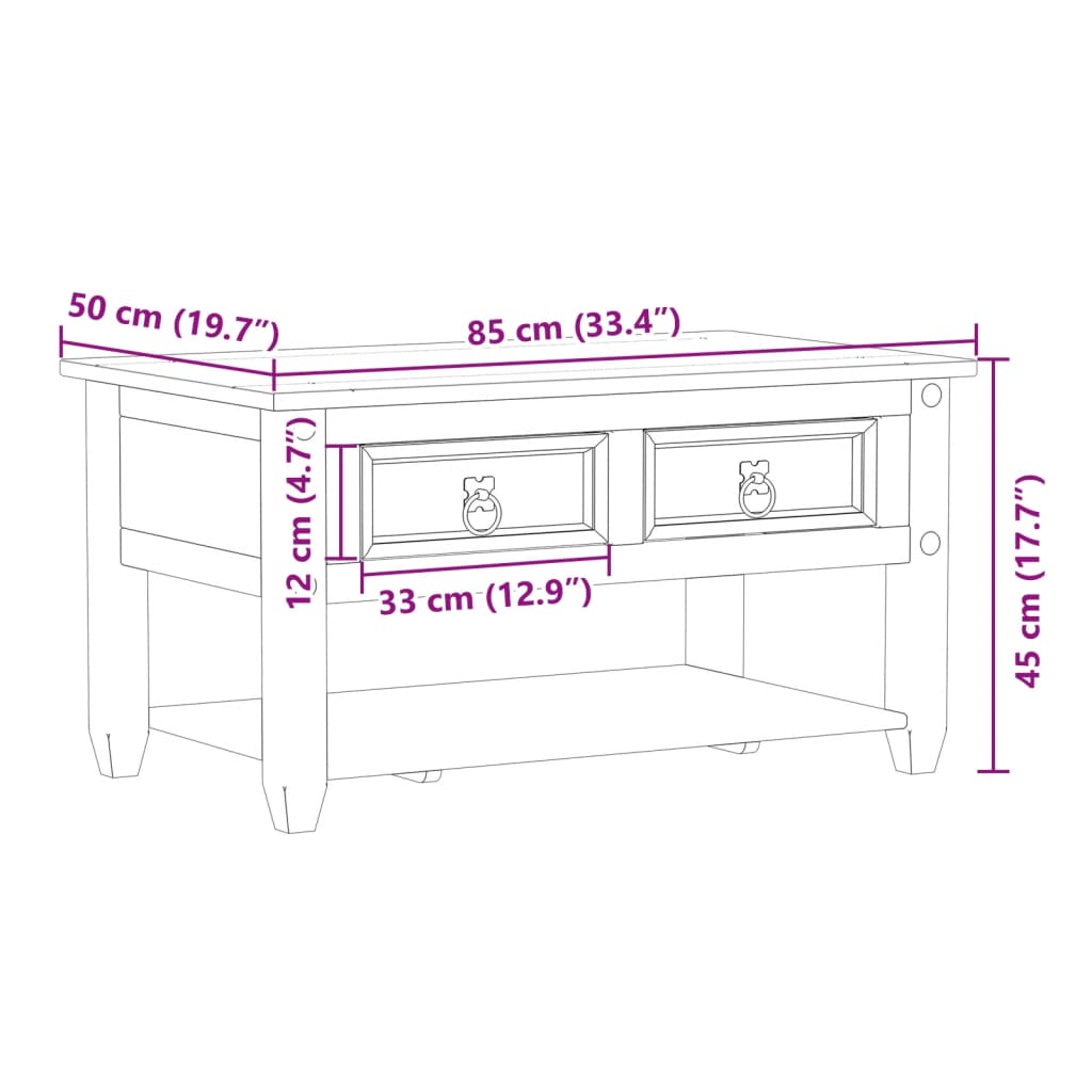 Tavolino con Cassetti Corona 85x50x45 cm Legno Massello di Pino