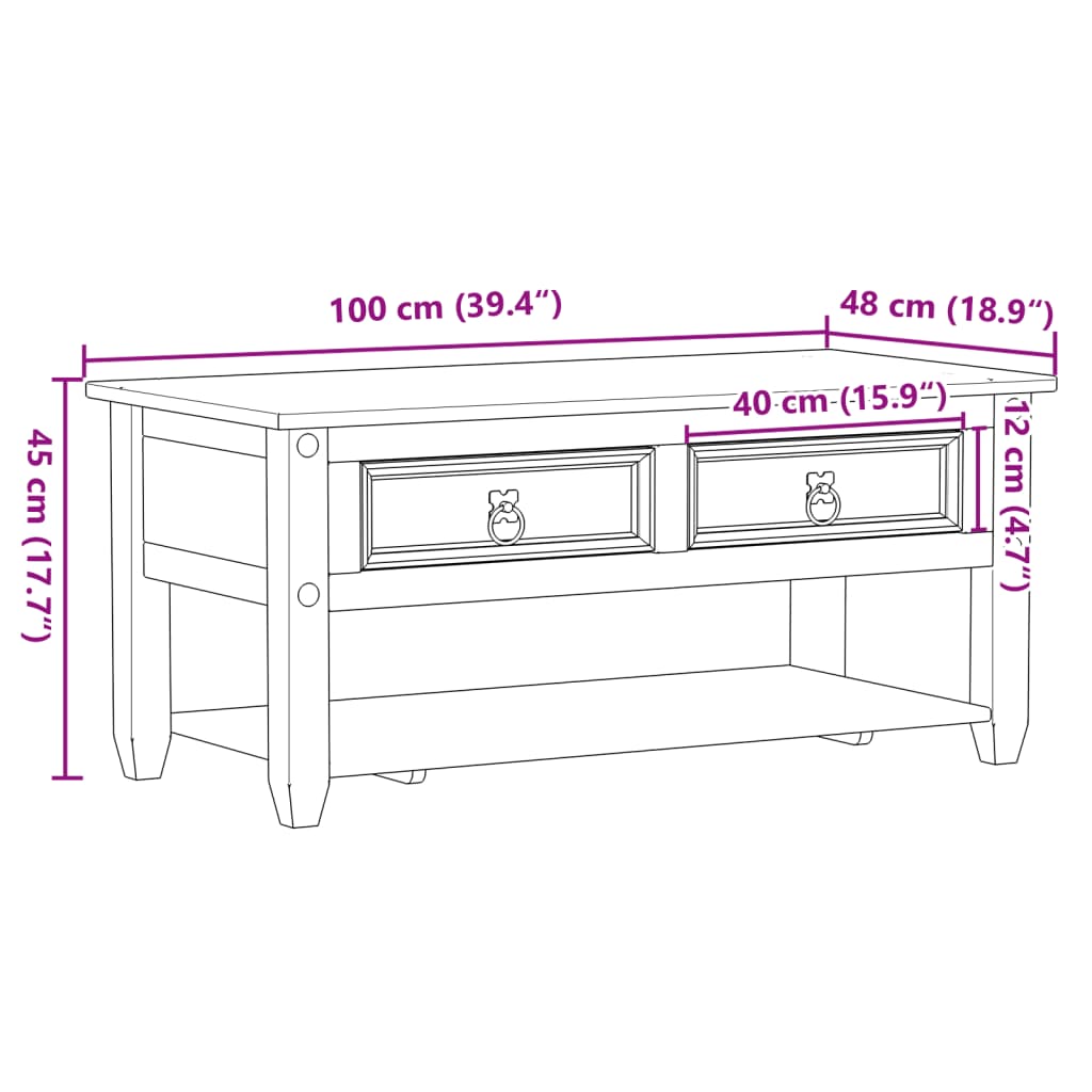 Tavolino con Cassetti Corona 100x48x45cm Legno Massello di Pino