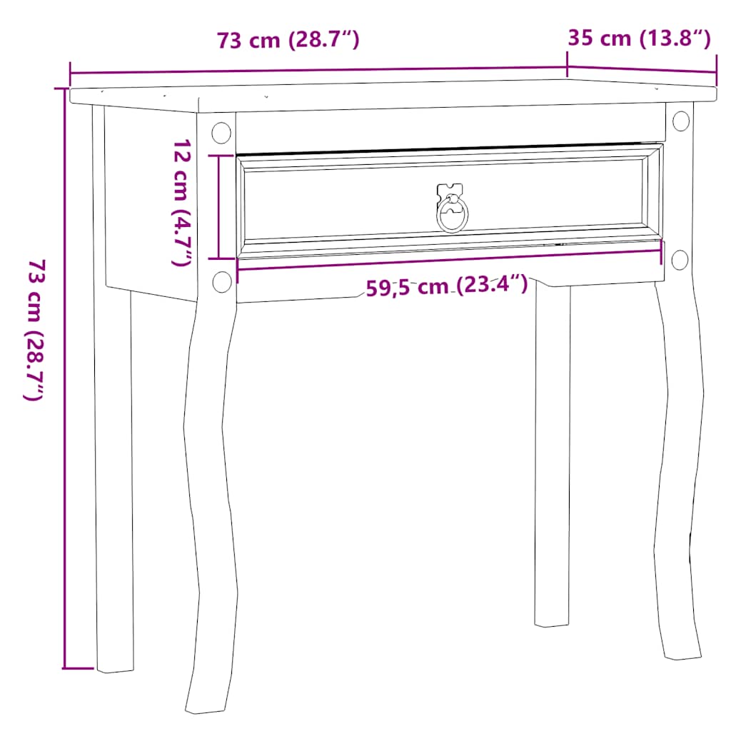 Tavolino Consolle Corona 73x35x73 cm in Legno Massello di Pino