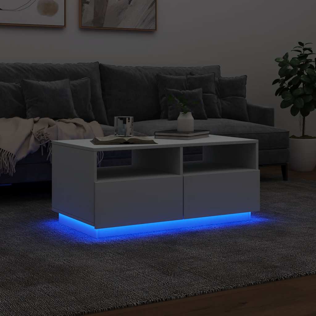 Tavolino da Soggiorno con Luci LED Bianco 90x49x40 cm