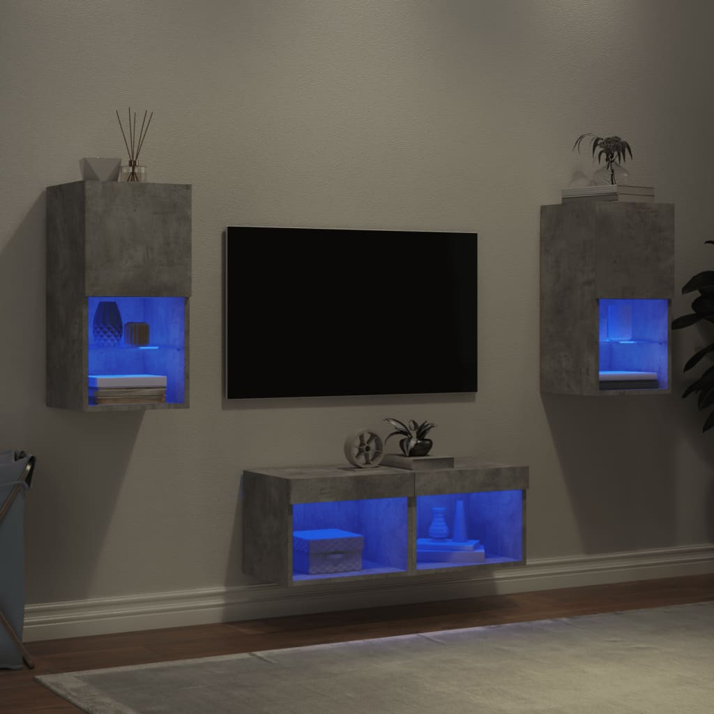 Mobili TV a Muro 4pz con Luci LED Grigio Cemento