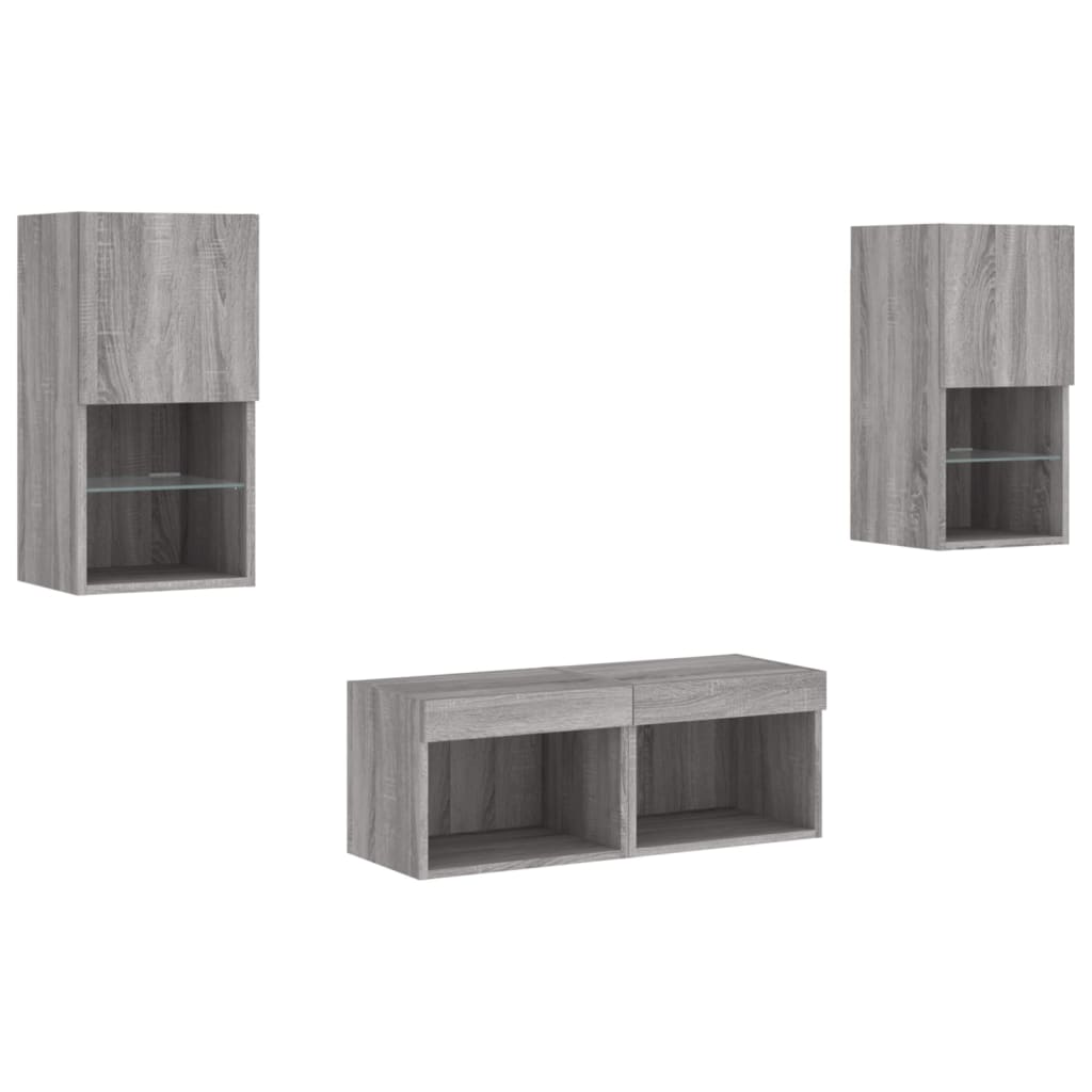 Mobili TV a Muro 4pz con Luci LED Grigio Sonoma