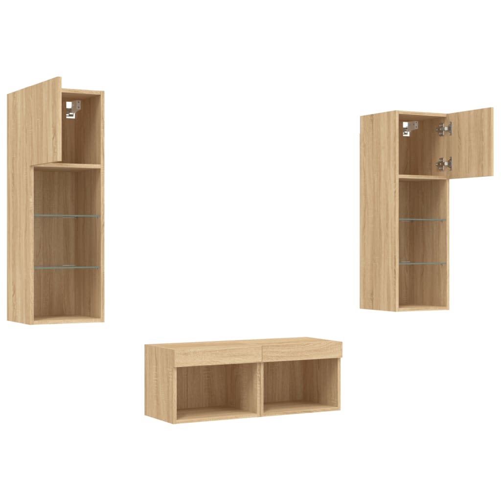 Mobili TV a Muro 4pz con Luci LED Rovere Sonoma