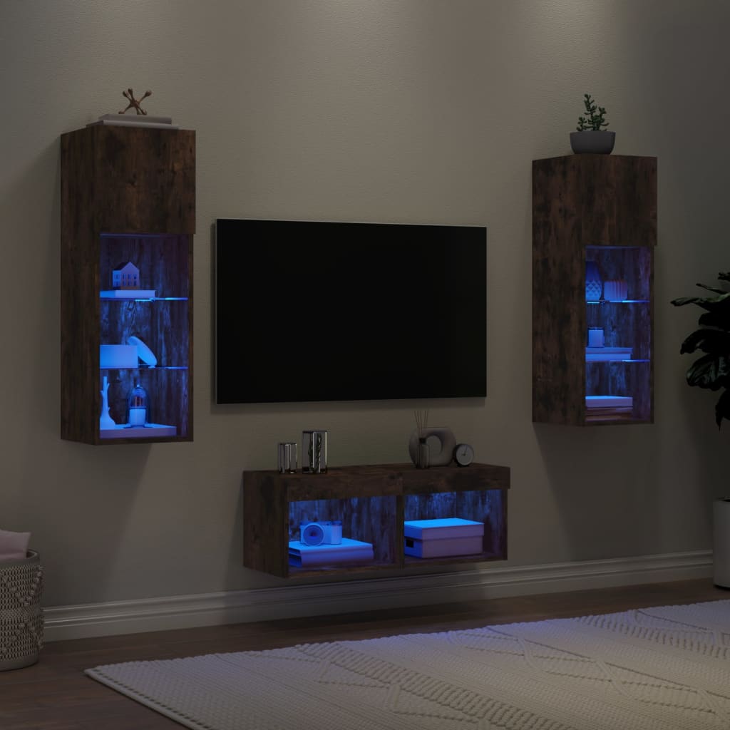 Mobili TV a Muro 4pz con Luci LED Rovere Fumo