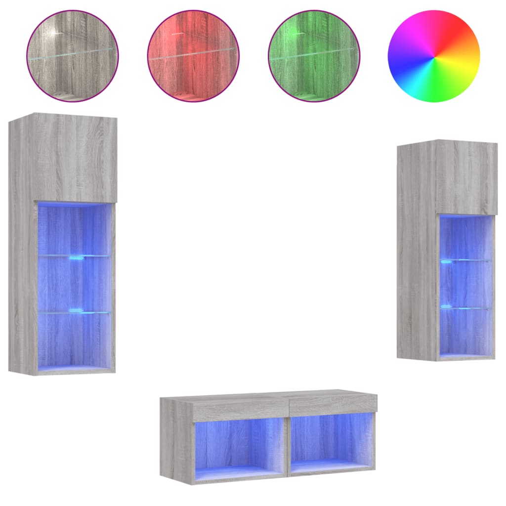 Mobili TV a Muro 4pz con Luci LED Grigio Sonoma