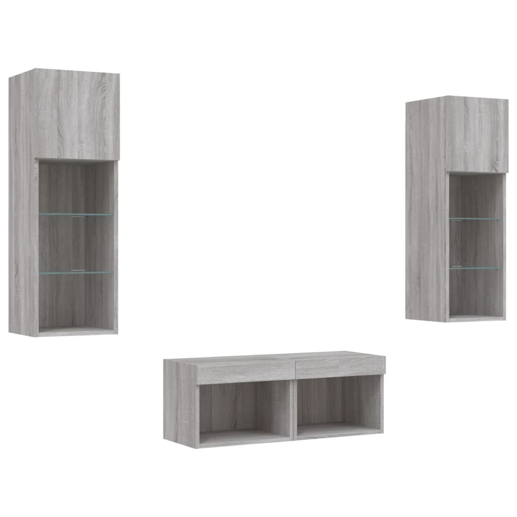 Mobili TV a Muro 4pz con Luci LED Grigio Sonoma