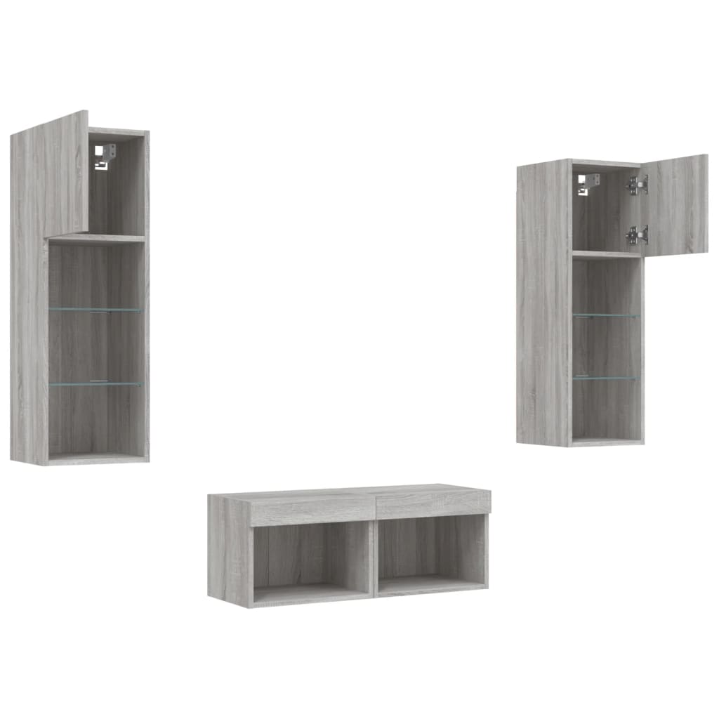 Mobili TV a Muro 4pz con Luci LED Grigio Sonoma