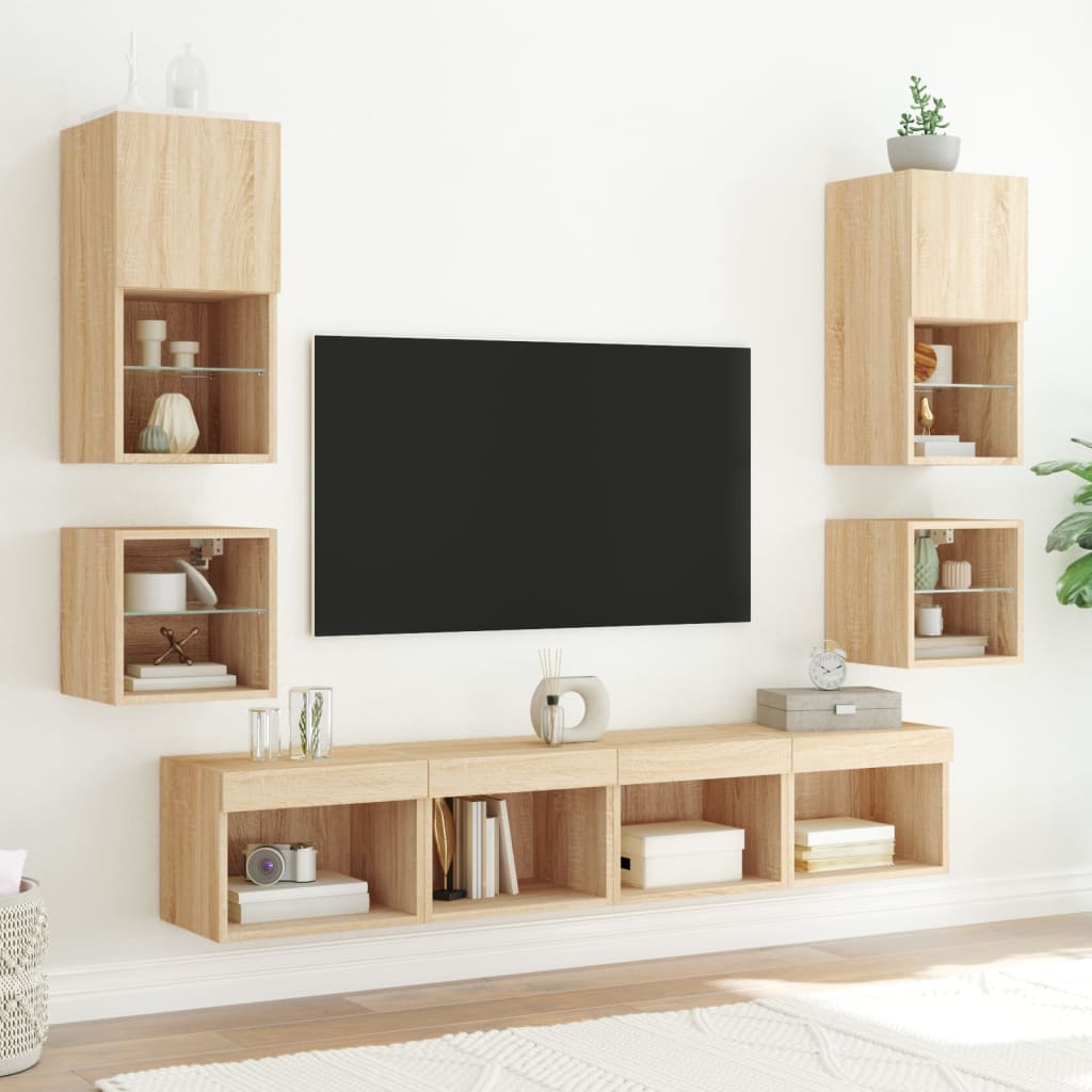 Mobili TV a Muro con LED 8pz Rovere Sonoma Legno Multistrato