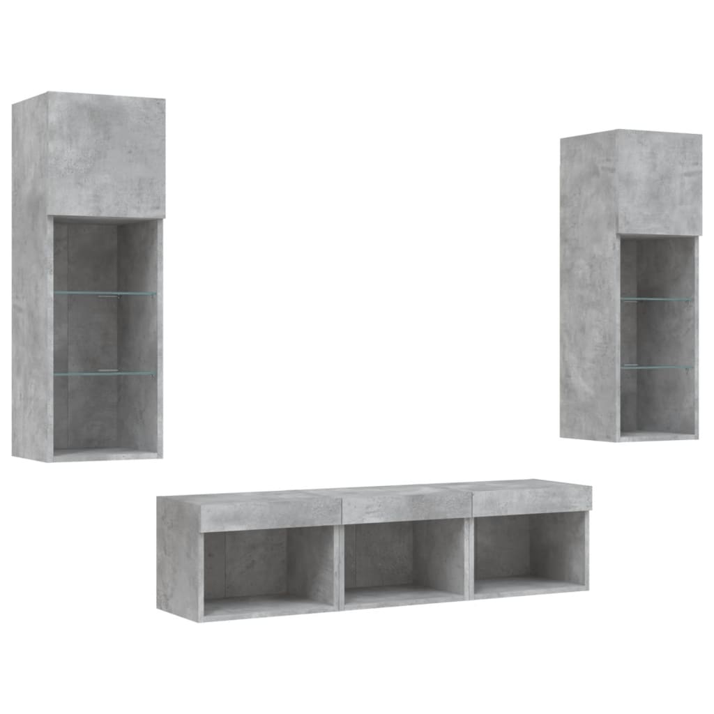Mobili TV a Muro con LED 5pz Grigio Cemento Legno Multistrato