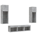 Mobili TV a Muro con LED 5pz Grigio Cemento Legno Multistrato
