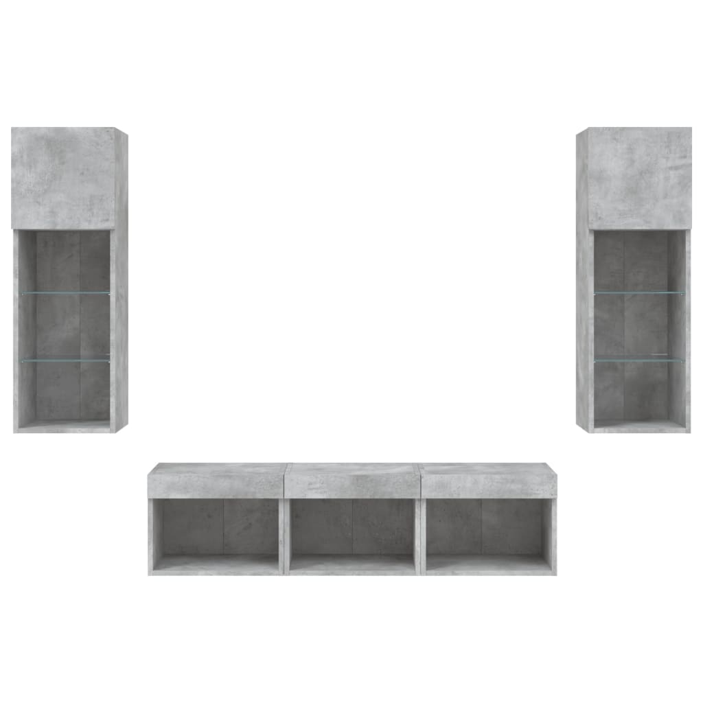 Mobili TV a Muro con LED 5pz Grigio Cemento Legno Multistrato