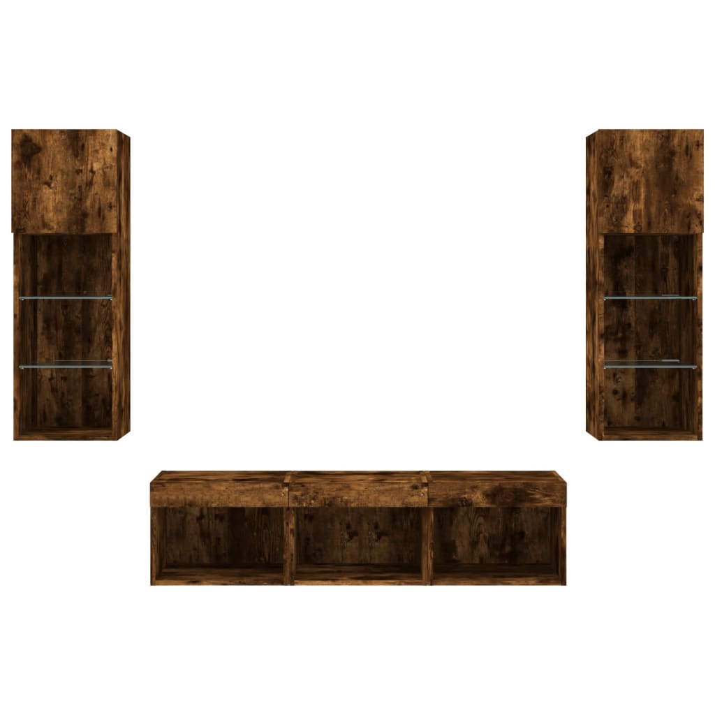 Mobili TV a Muro con LED 5pz Rovere Fumo in Legno Multistrato