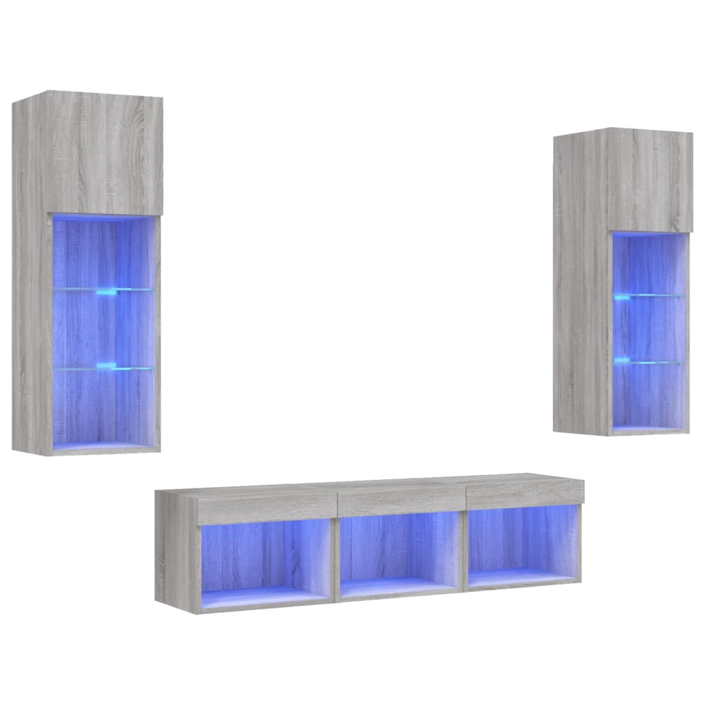 Mobili TV a Muro con LED 5pz Grigio Sonoma in Legno Multistrato