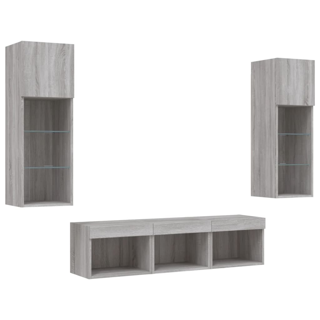 Mobili TV a Muro con LED 5pz Grigio Sonoma in Legno Multistrato
