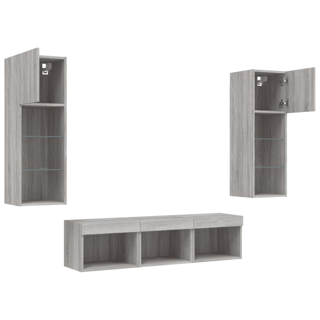 Mobili TV a Muro con LED 5pz Grigio Sonoma in Legno Multistrato
