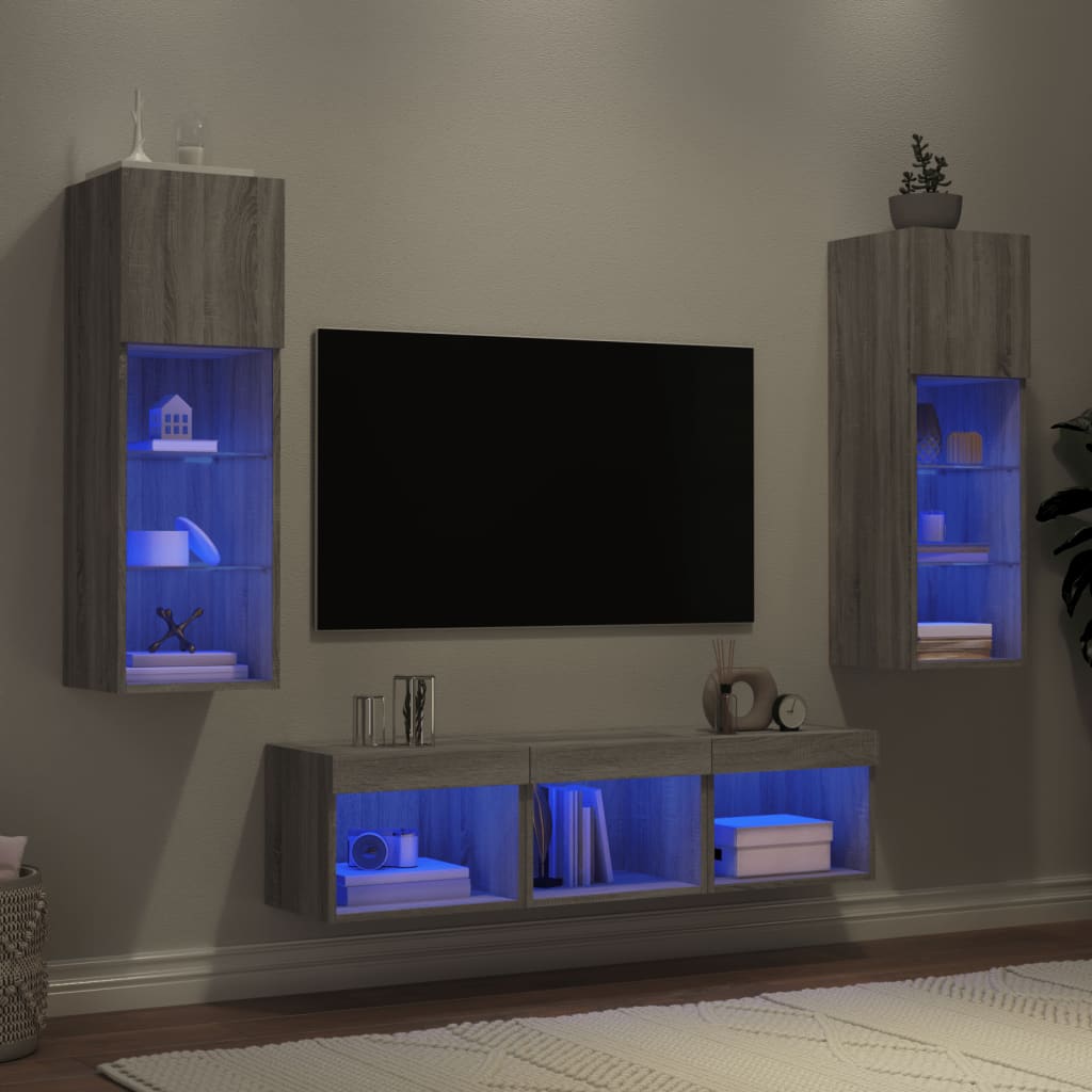 Mobili TV a Muro con LED 5pz Grigio Sonoma in Legno Multistrato