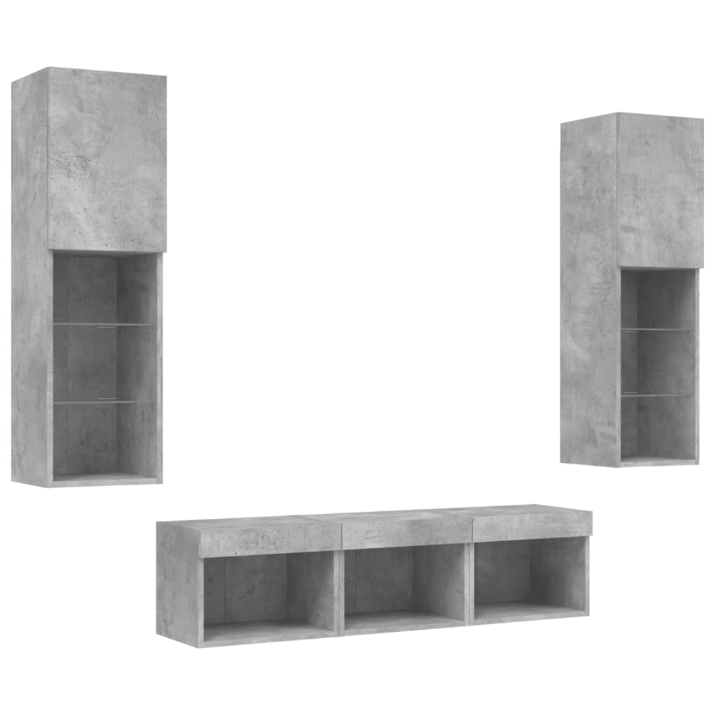 Mobili TV a Muro con LED 5pz Grigio Cemento Legno Multistrato