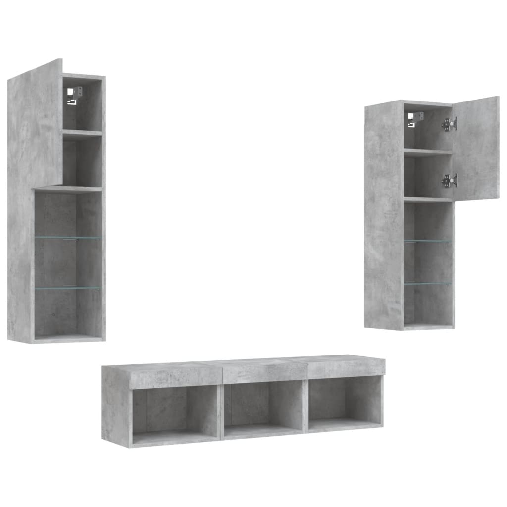 Mobili TV a Muro con LED 5pz Grigio Cemento Legno Multistrato