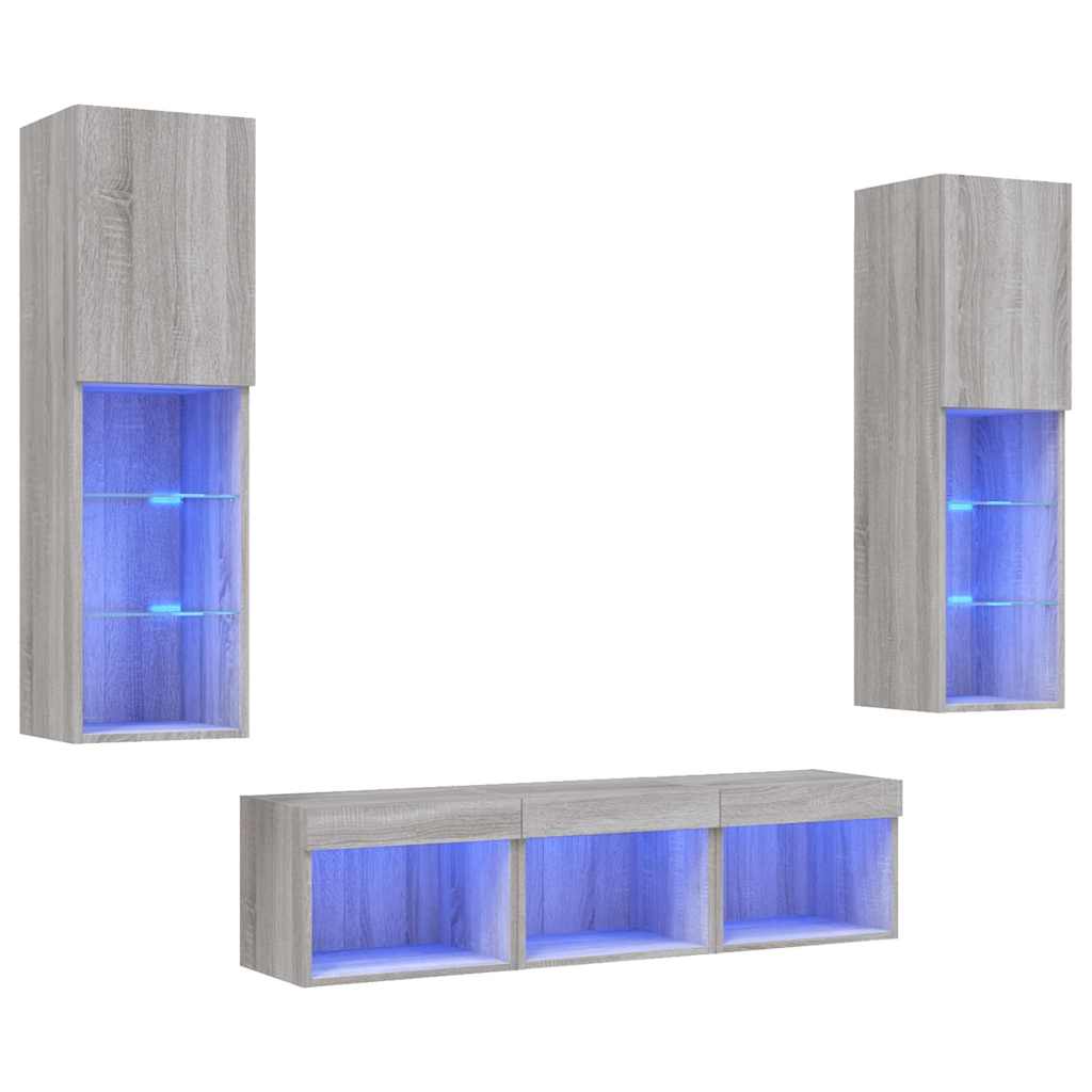Mobili TV a Muro con LED 5pz Grigio Sonoma in Legno Multistrato