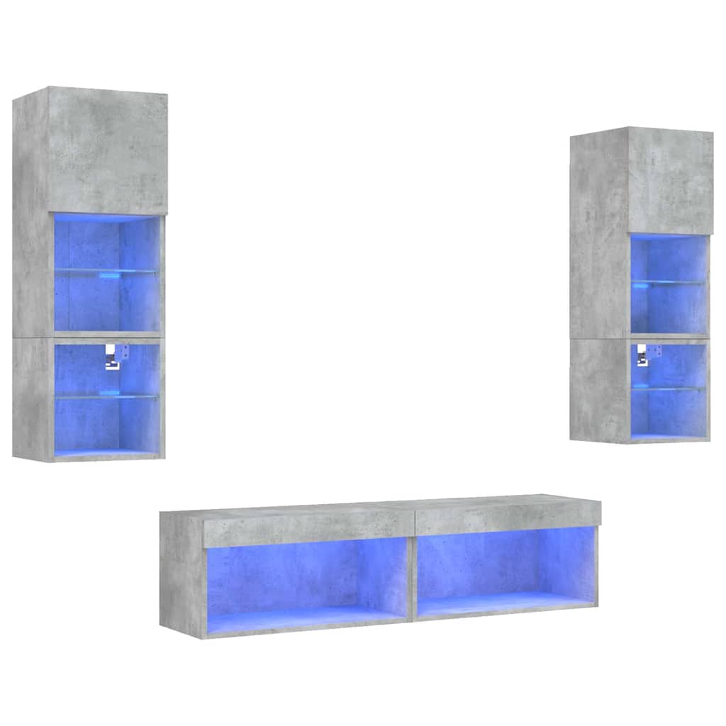 Mobili TV a Muro con LED 6pz Grigio Cemento Legno Multistrato