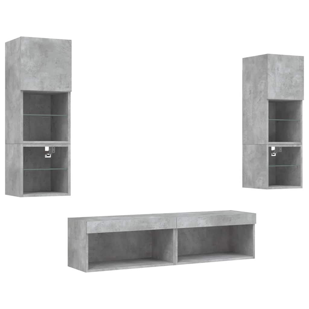 Mobili TV a Muro con LED 6pz Grigio Cemento Legno Multistrato