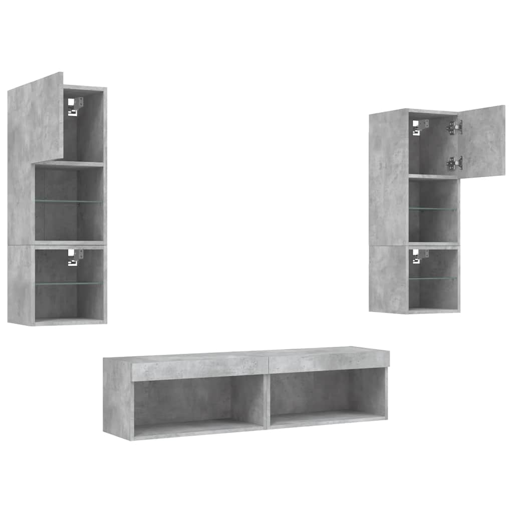 Mobili TV a Muro con LED 6pz Grigio Cemento Legno Multistrato