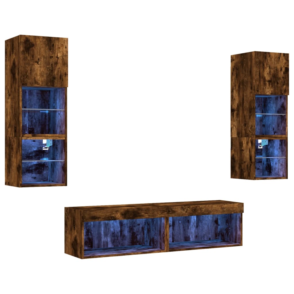 Mobili TV a Muro con LED 6pz Rovere Fumo in Legno Multistrato