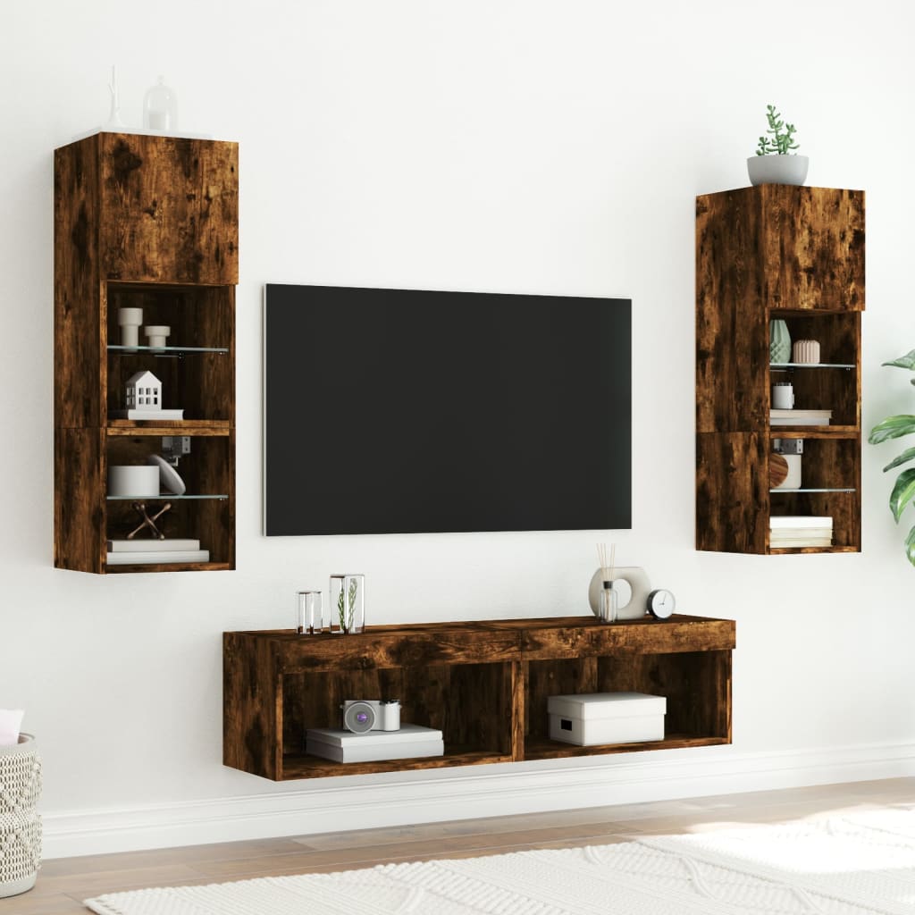Mobili TV a Muro con LED 6pz Rovere Fumo in Legno Multistrato
