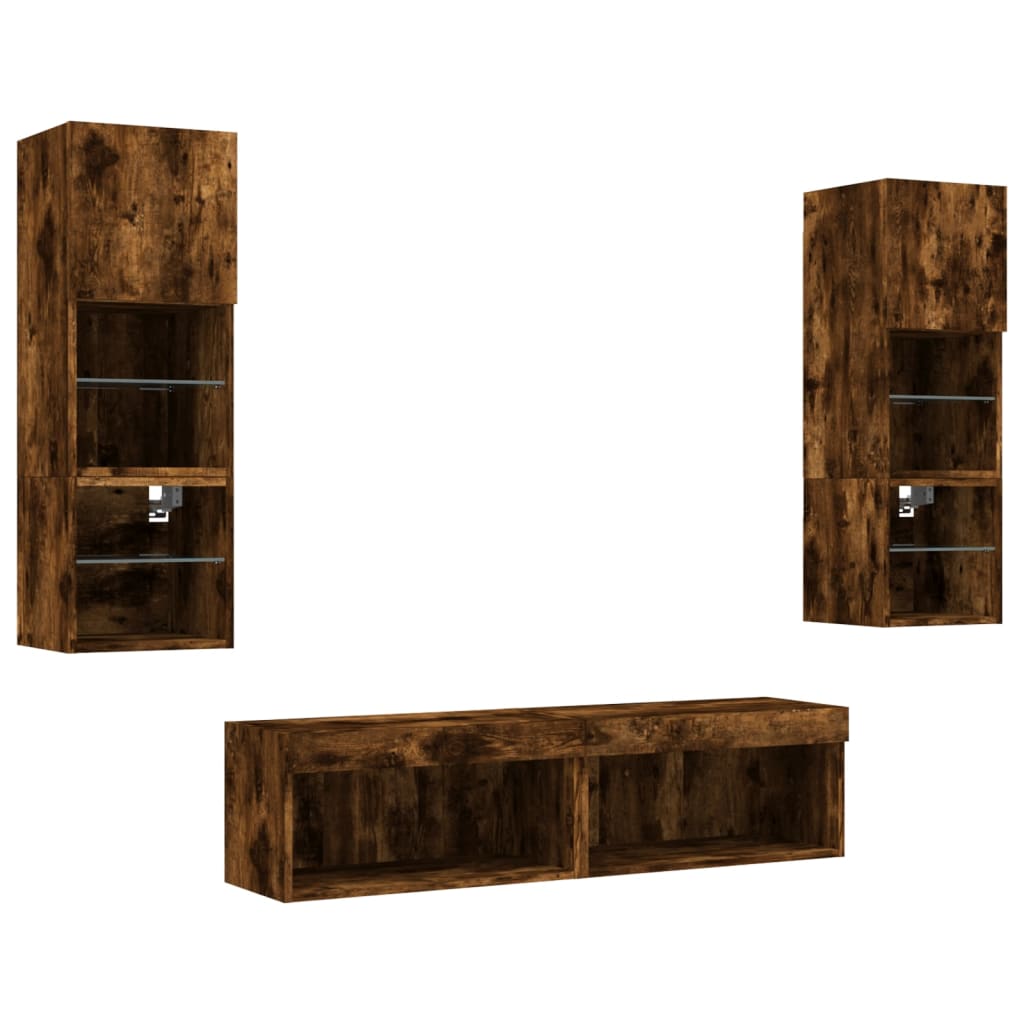 Mobili TV a Muro con LED 6pz Rovere Fumo in Legno Multistrato
