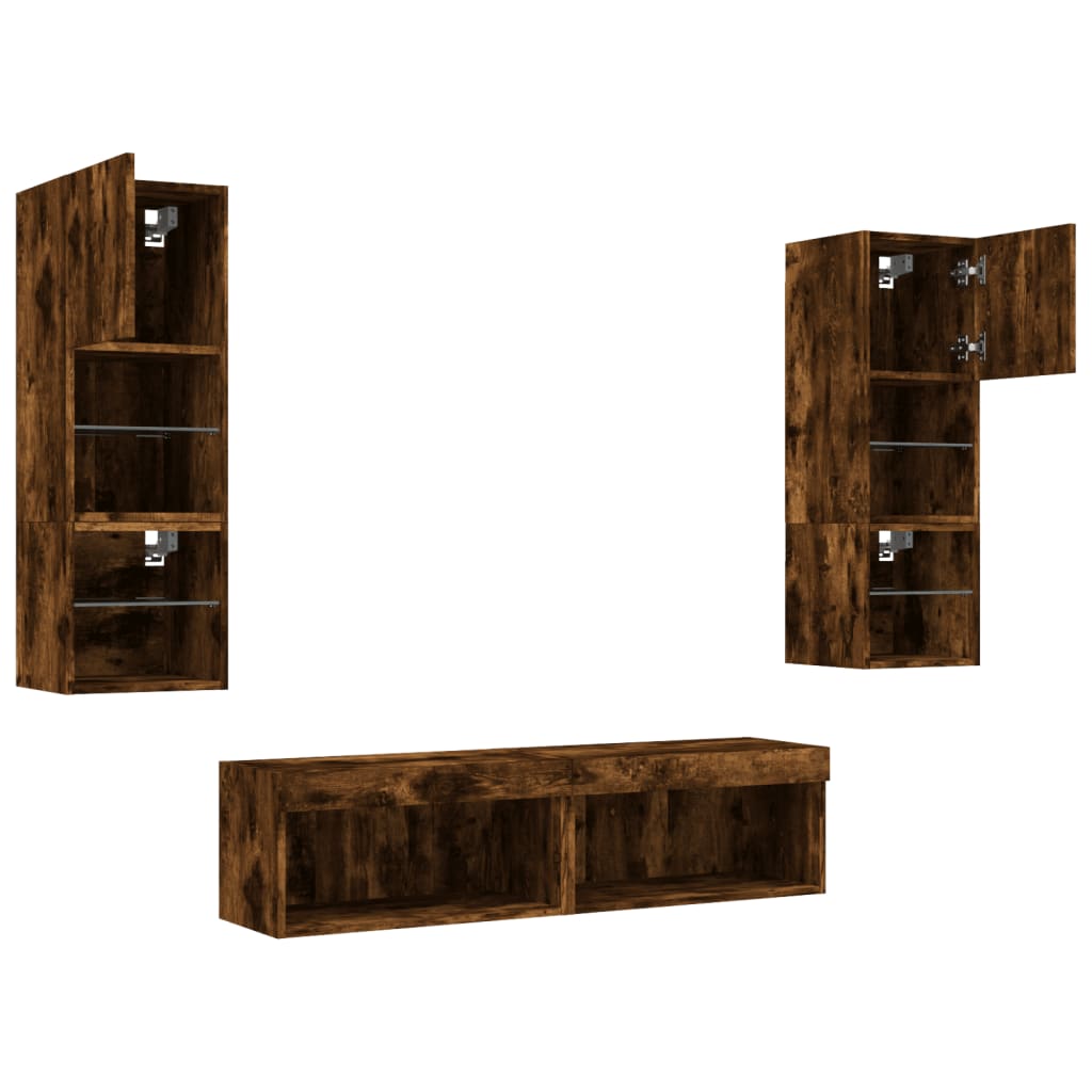 Mobili TV a Muro con LED 6pz Rovere Fumo in Legno Multistrato