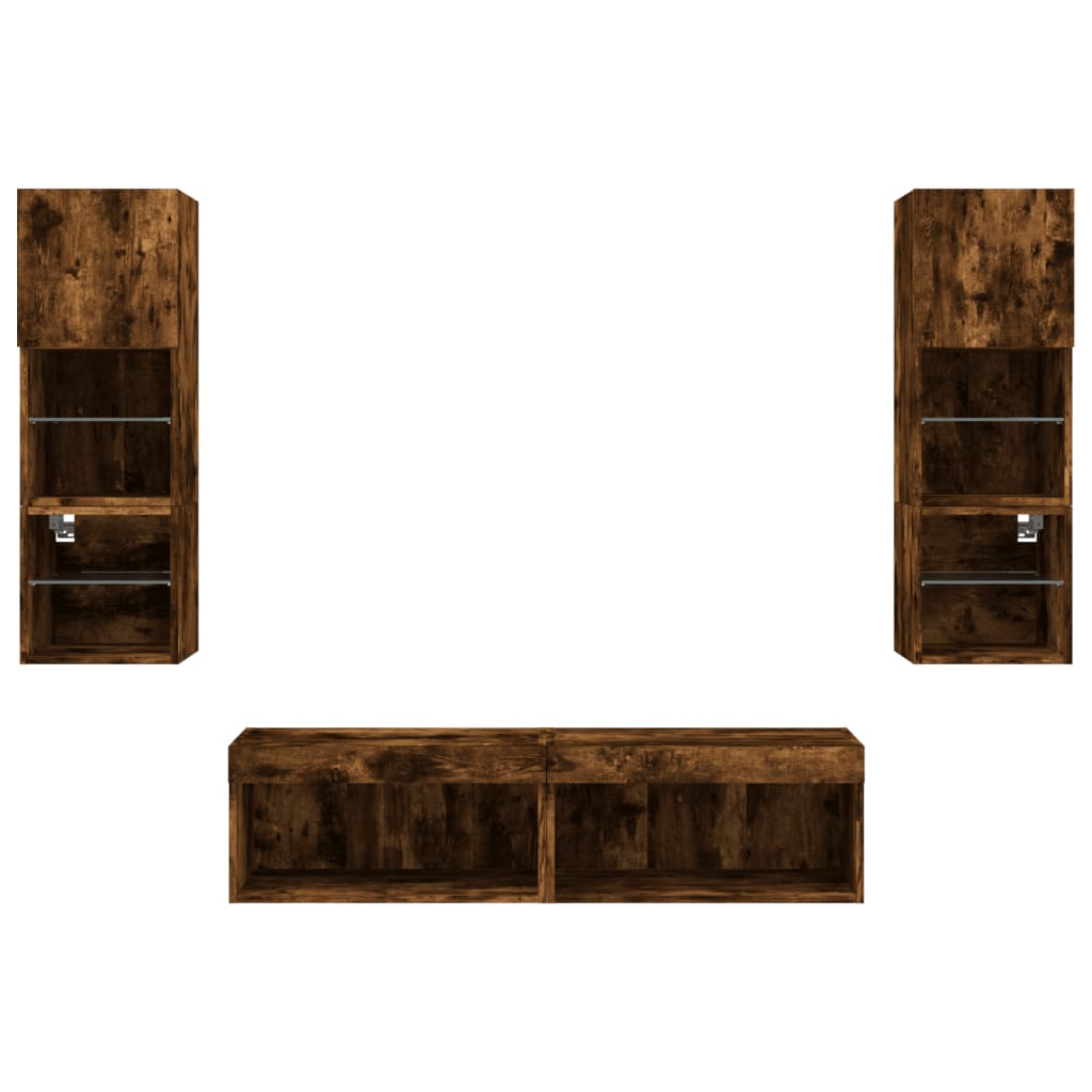 Mobili TV a Muro con LED 6pz Rovere Fumo in Legno Multistrato