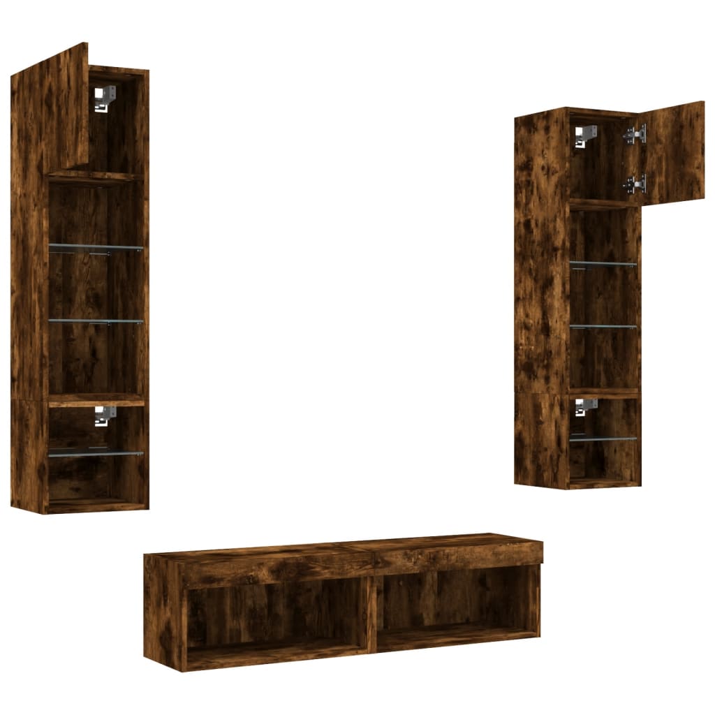Mobili TV a Muro con LED 6pz Rovere Fumo in Legno Multistrato