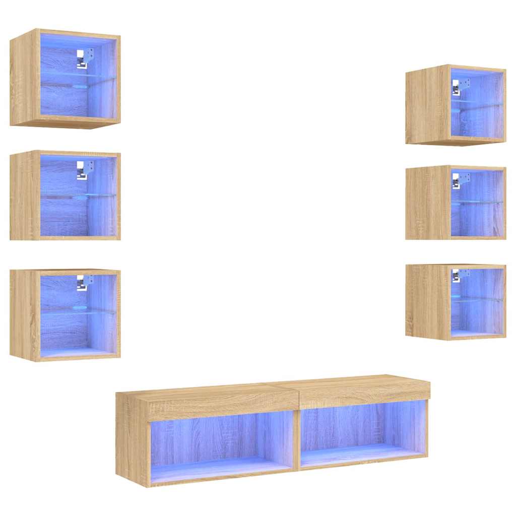 Mobili TV a Muro con LED 8pz Rovere Sonoma Legno Multistrato