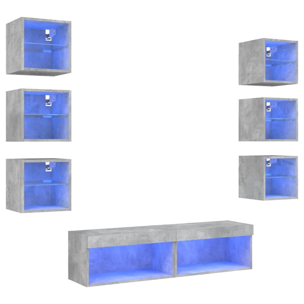 Mobili TV a Muro con LED 8pz Grigio Cemento Legno Multistrato