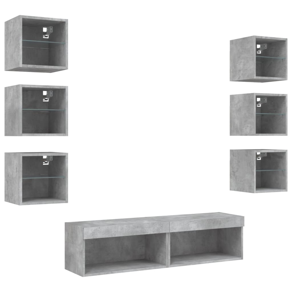 Mobili TV a Muro con LED 8pz Grigio Cemento Legno Multistrato